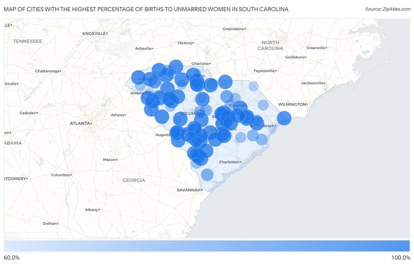 Cities with the Highest Percentage of Births to Unmarried Women in South Carolina Map