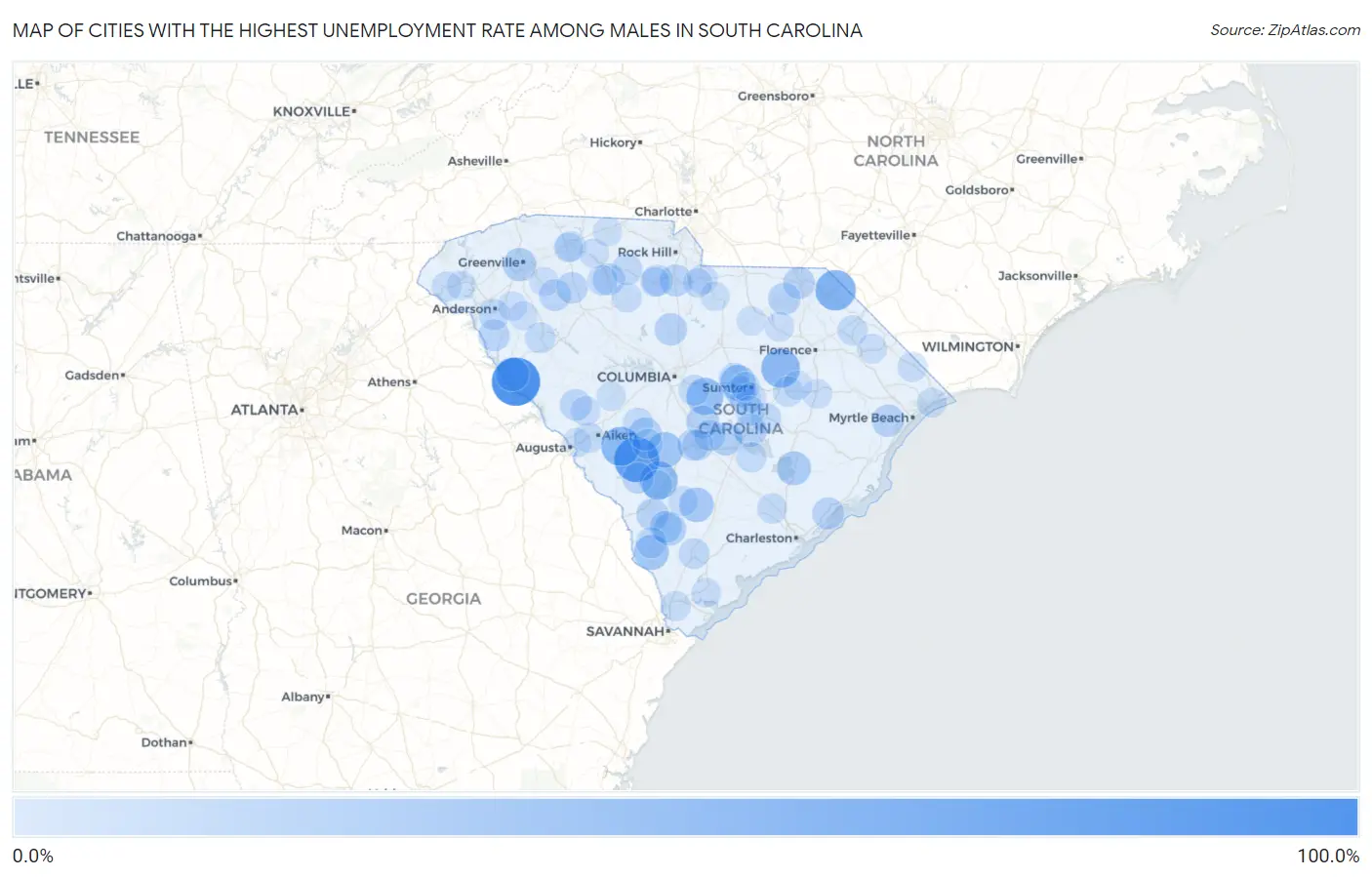 Cities with the Highest Unemployment Rate Among Males in South Carolina Map
