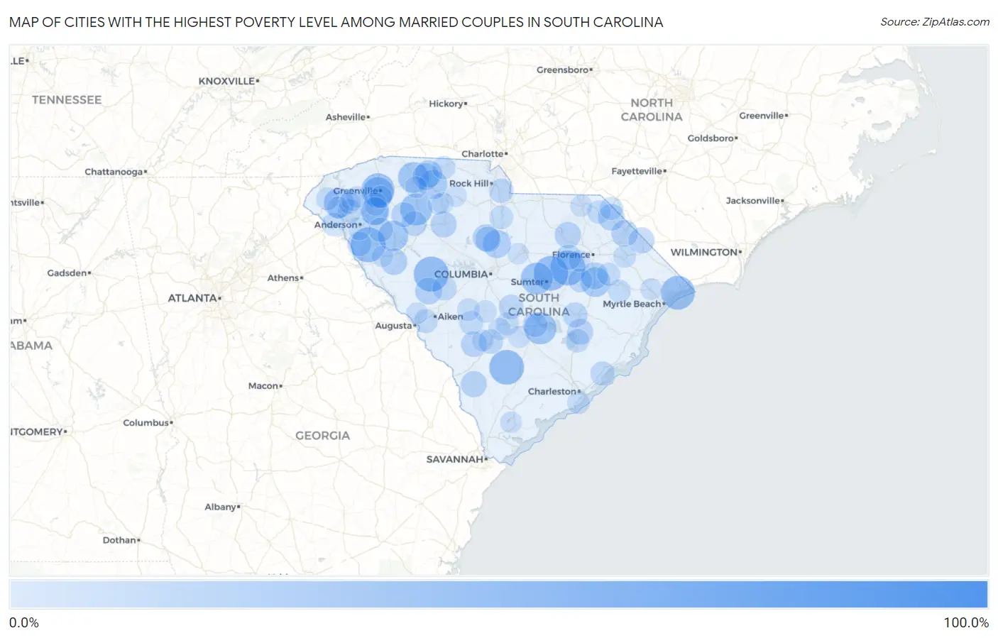 Cities with the Highest Poverty Level Among Married Couples in South Carolina Map