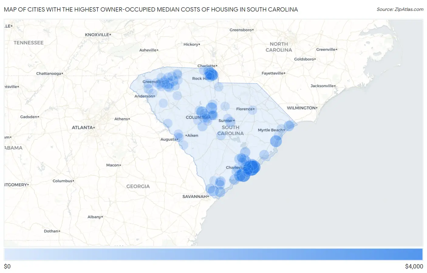 Cities with the Highest Owner-Occupied Median Costs of Housing in South Carolina Map