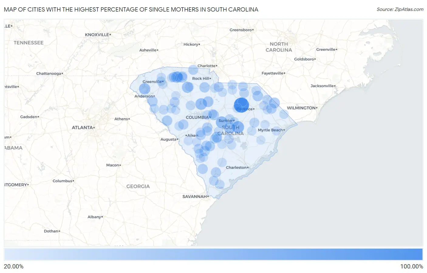 Cities with the Highest Percentage of Single Mothers in South Carolina Map