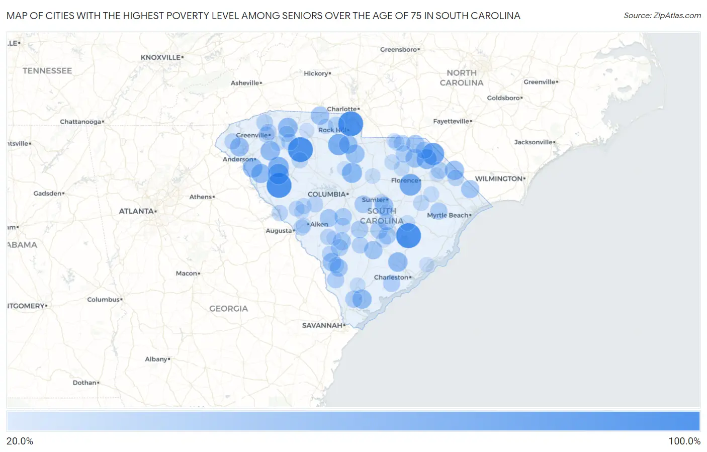 Cities with the Highest Poverty Level Among Seniors Over the Age of 75 in South Carolina Map