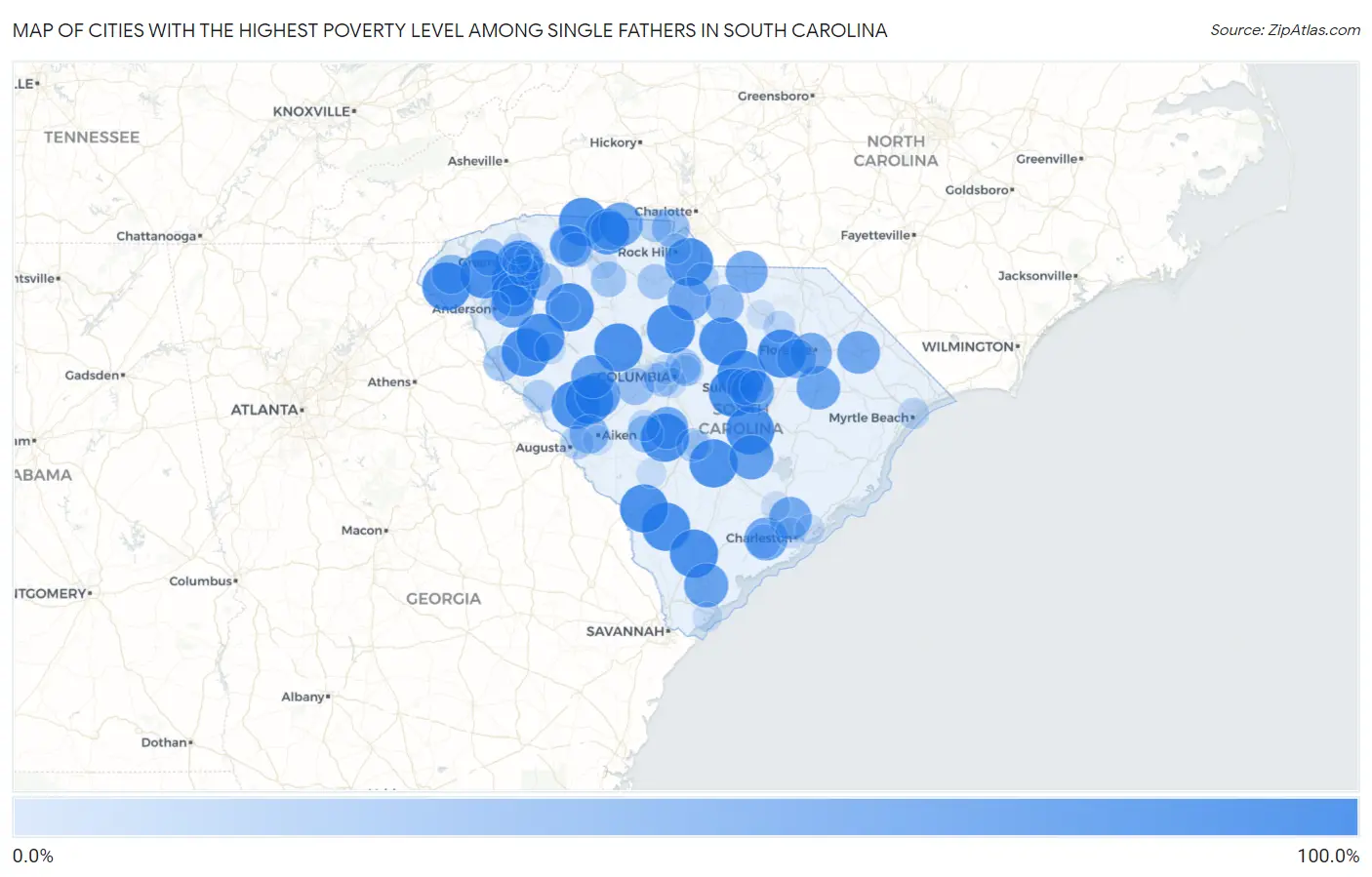 Cities with the Highest Poverty Level Among Single Fathers in South Carolina Map