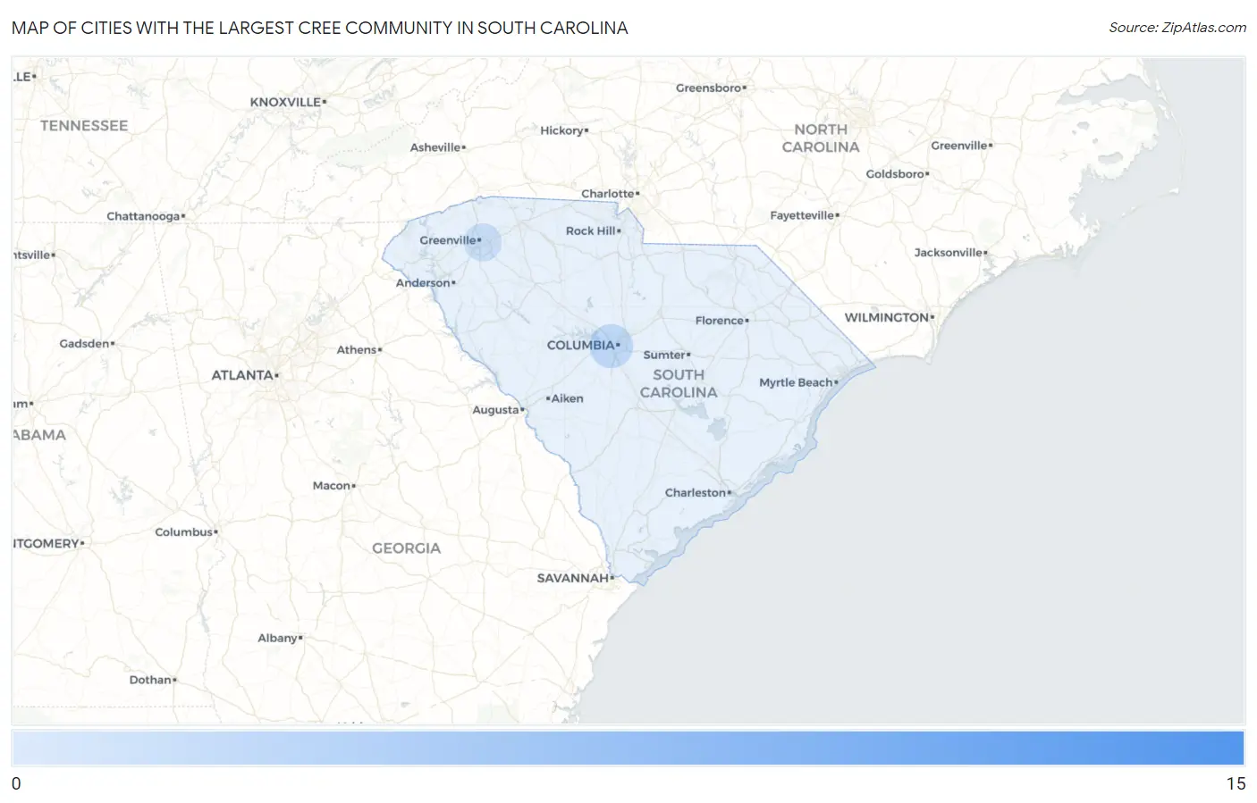 Cities with the Largest Cree Community in South Carolina Map