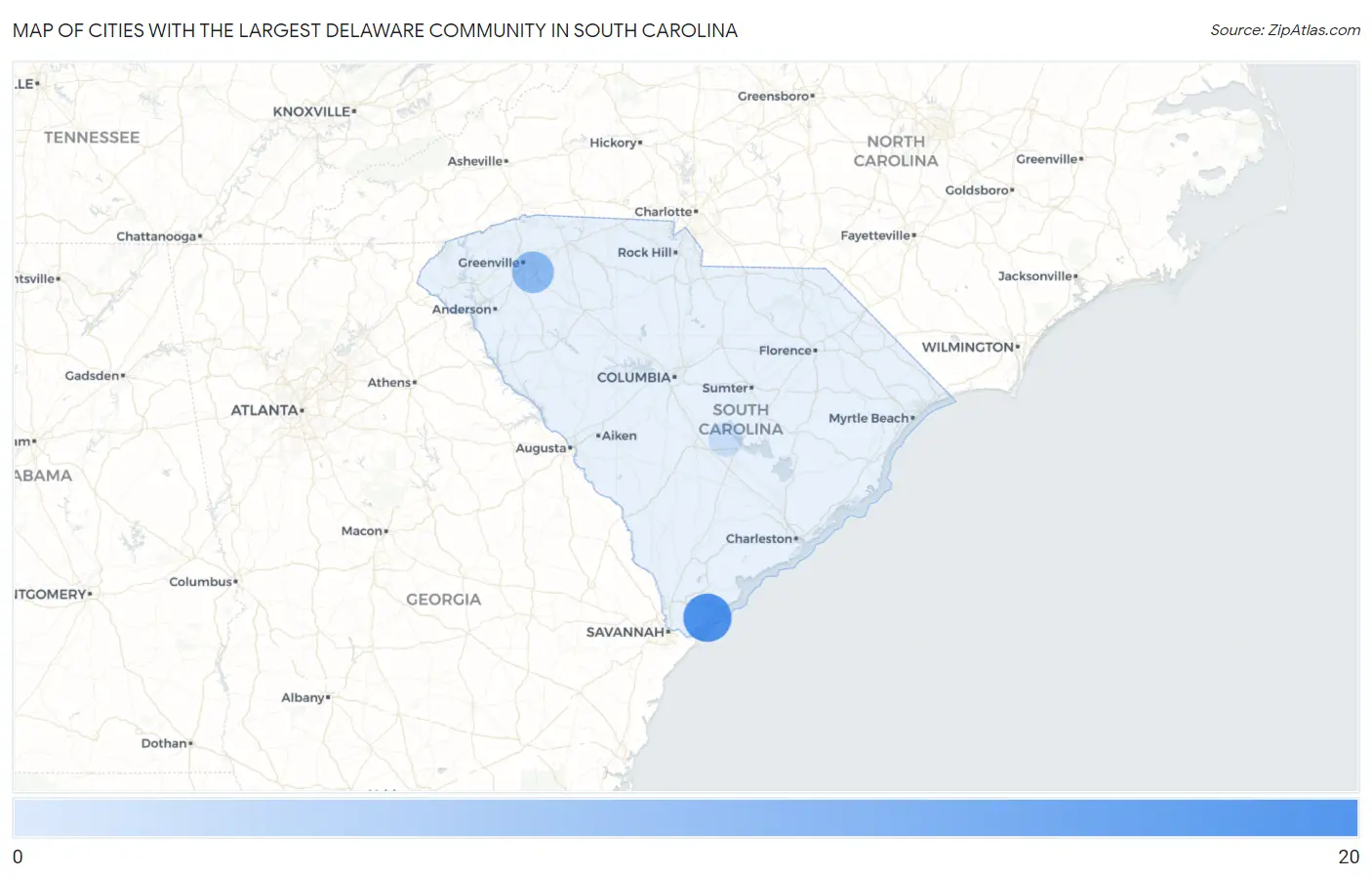 Cities with the Largest Delaware Community in South Carolina Map