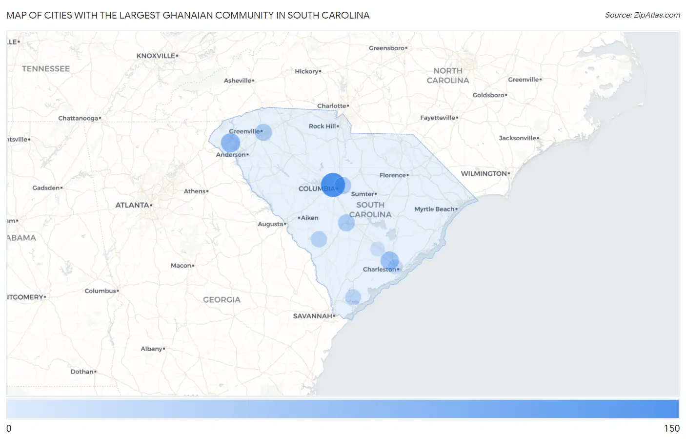Cities with the Largest Ghanaian Community in South Carolina Map