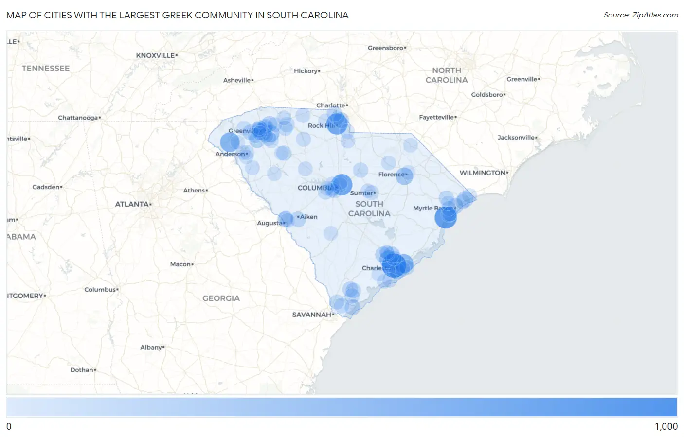 Cities with the Largest Greek Community in South Carolina Map