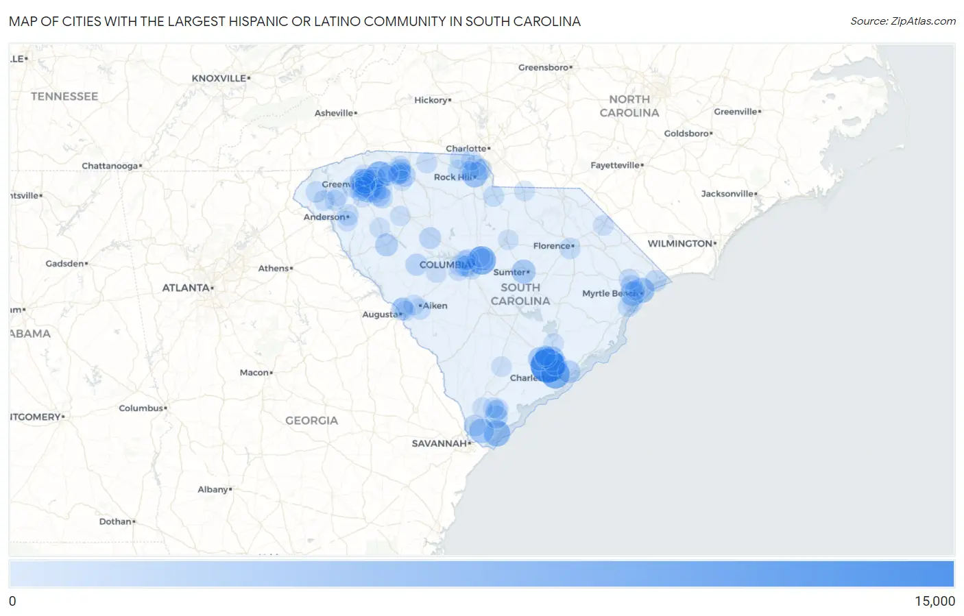 Cities with the Largest Hispanic or Latino Community in South Carolina Map