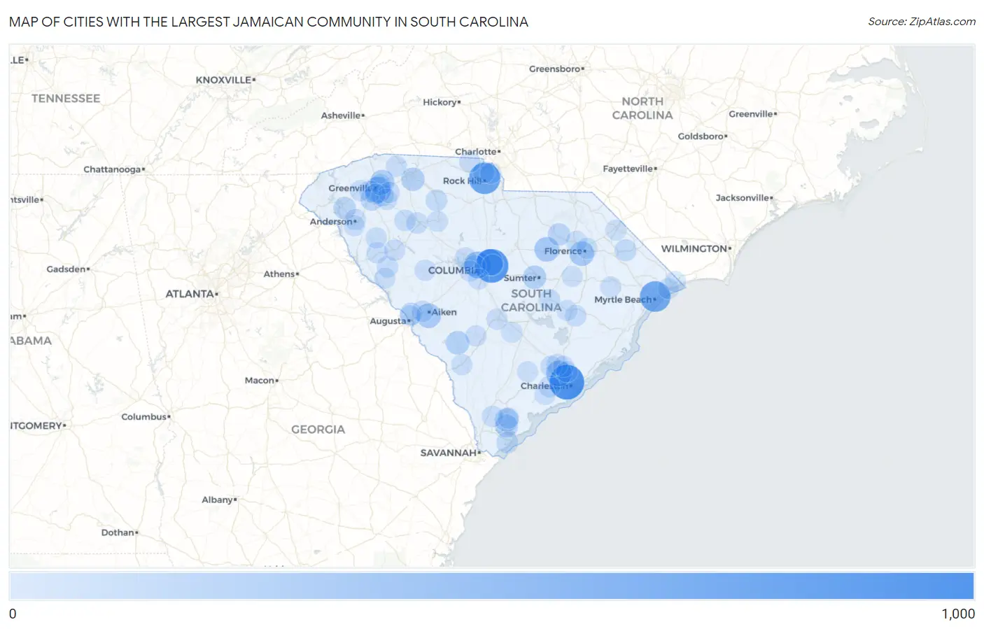 Cities with the Largest Jamaican Community in South Carolina Map