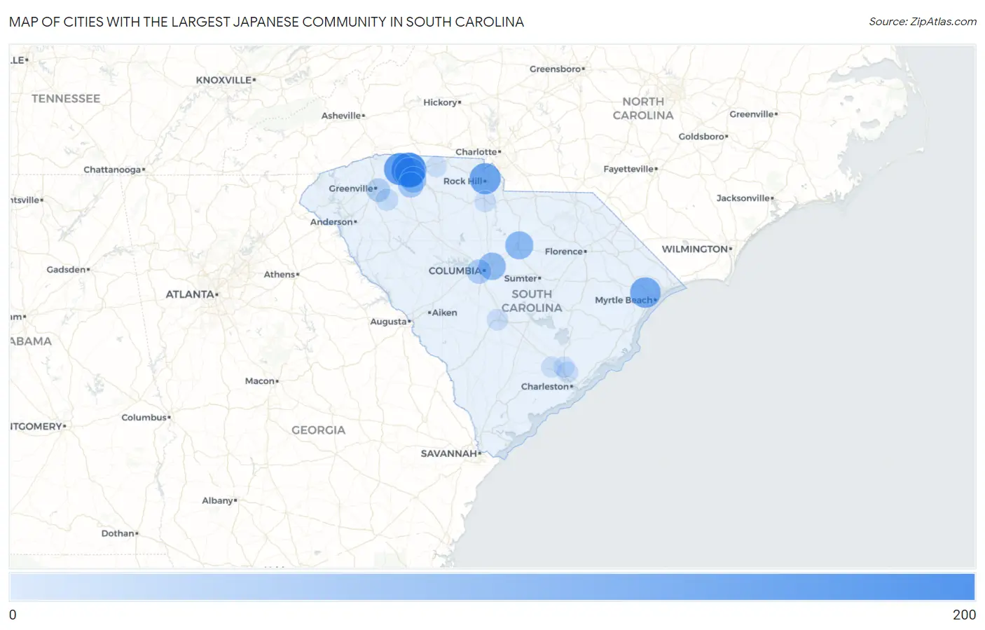Cities with the Largest Japanese Community in South Carolina Map