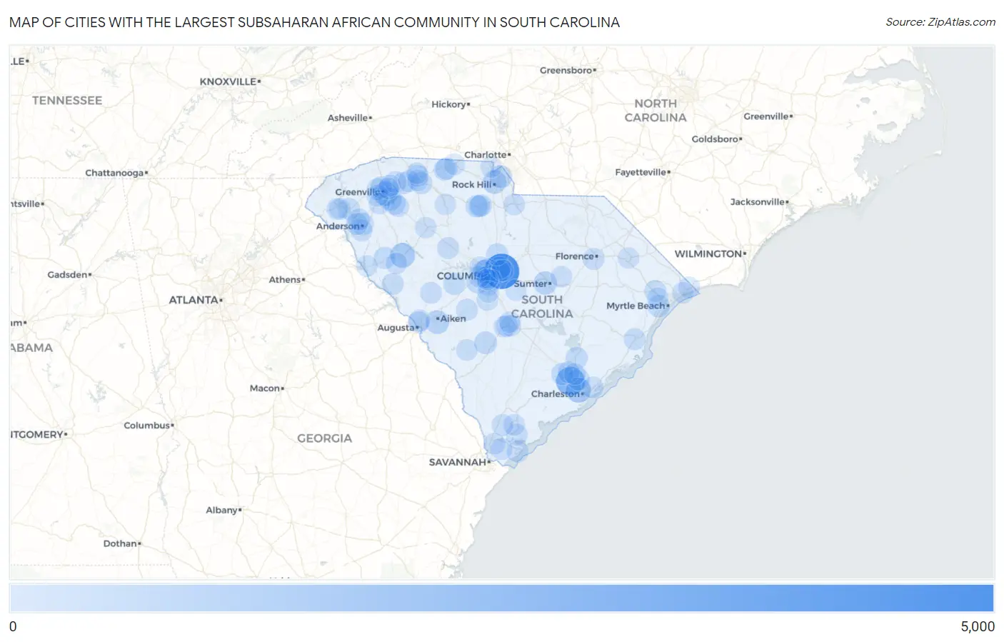 Cities with the Largest Subsaharan African Community in South Carolina Map