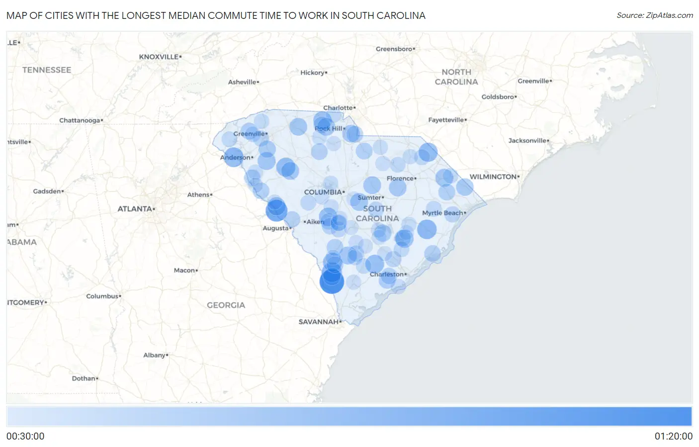 Cities with the Longest Median Commute Time to Work in South Carolina Map