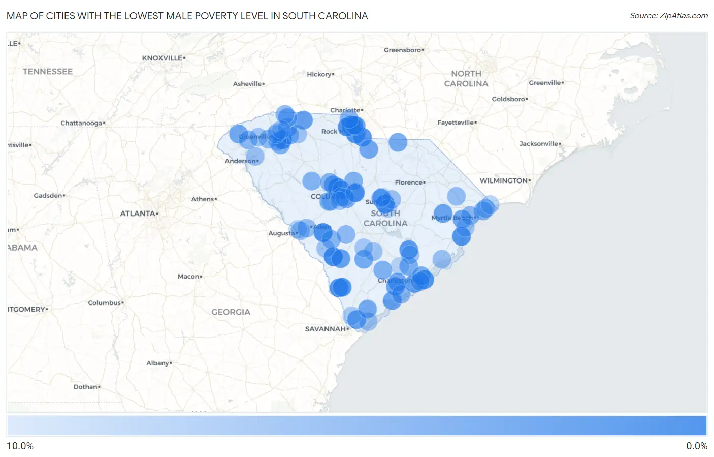 Cities with the Lowest Male Poverty Level in South Carolina Map