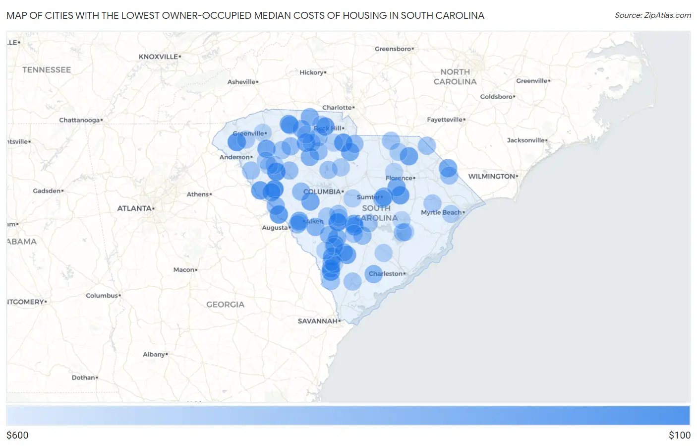 Cities with the Lowest Owner-Occupied Median Costs of Housing in South Carolina Map