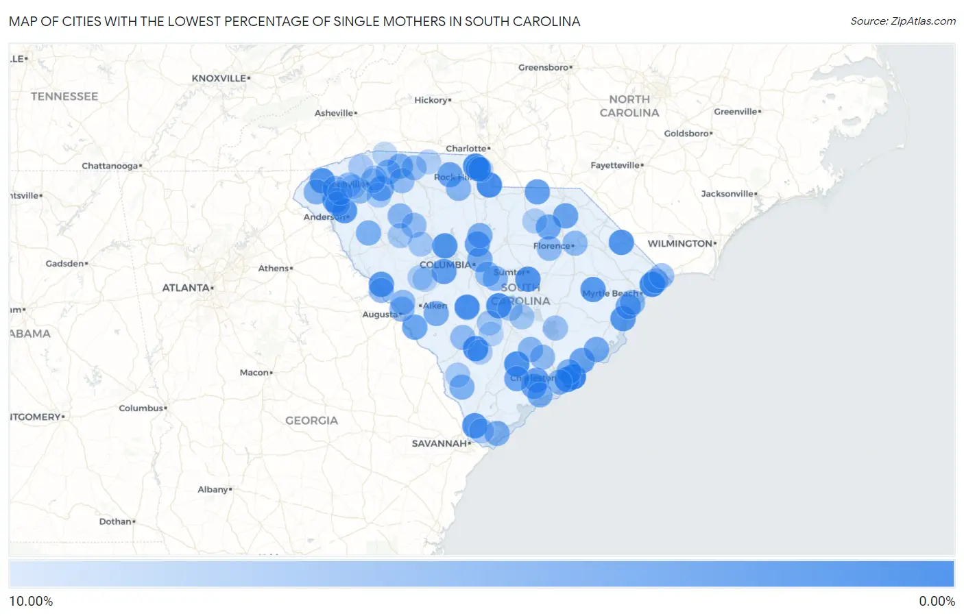 Cities with the Lowest Percentage of Single Mothers in South Carolina Map