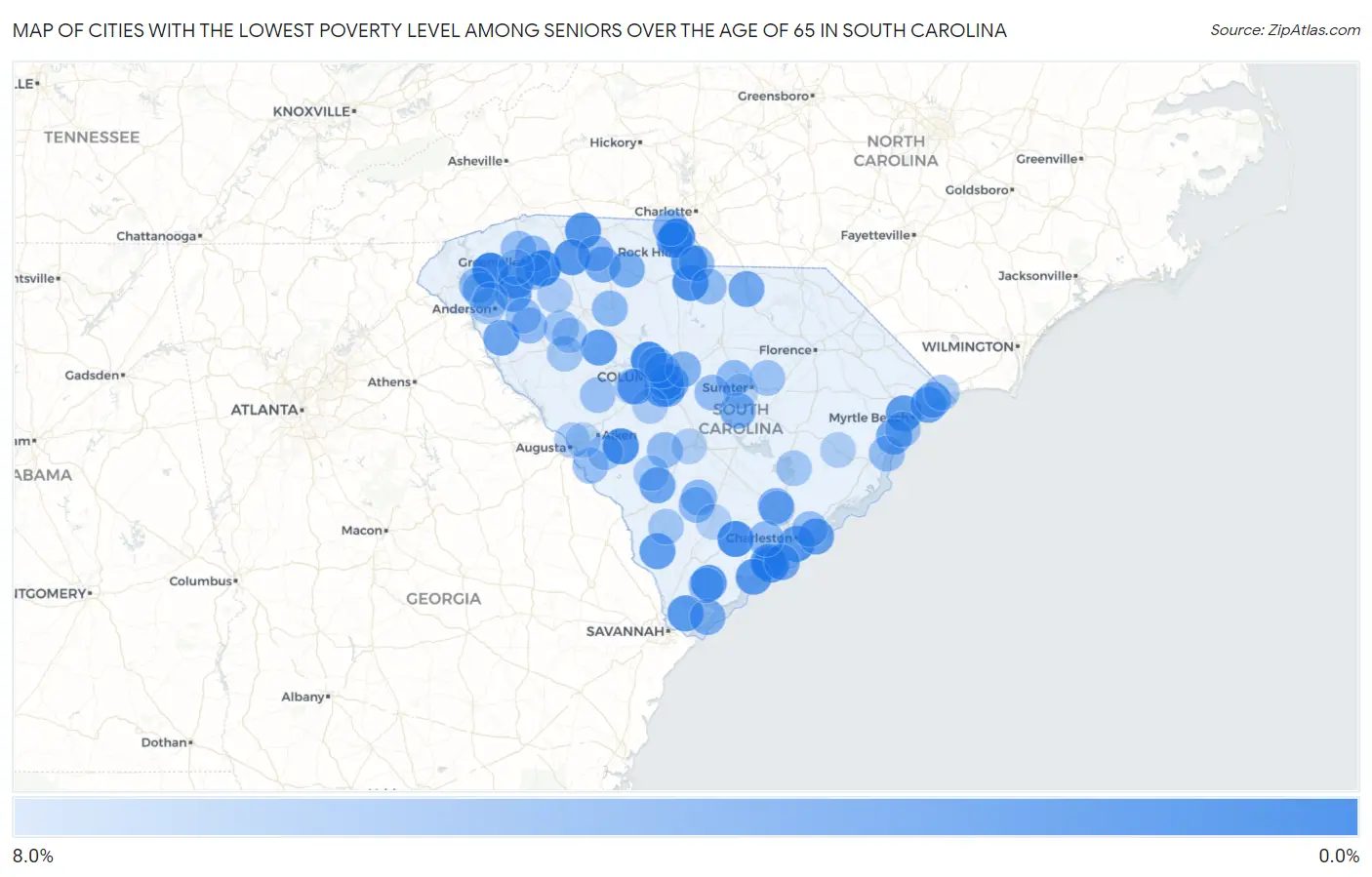 Cities with the Lowest Poverty Level Among Seniors Over the Age of 65 in South Carolina Map