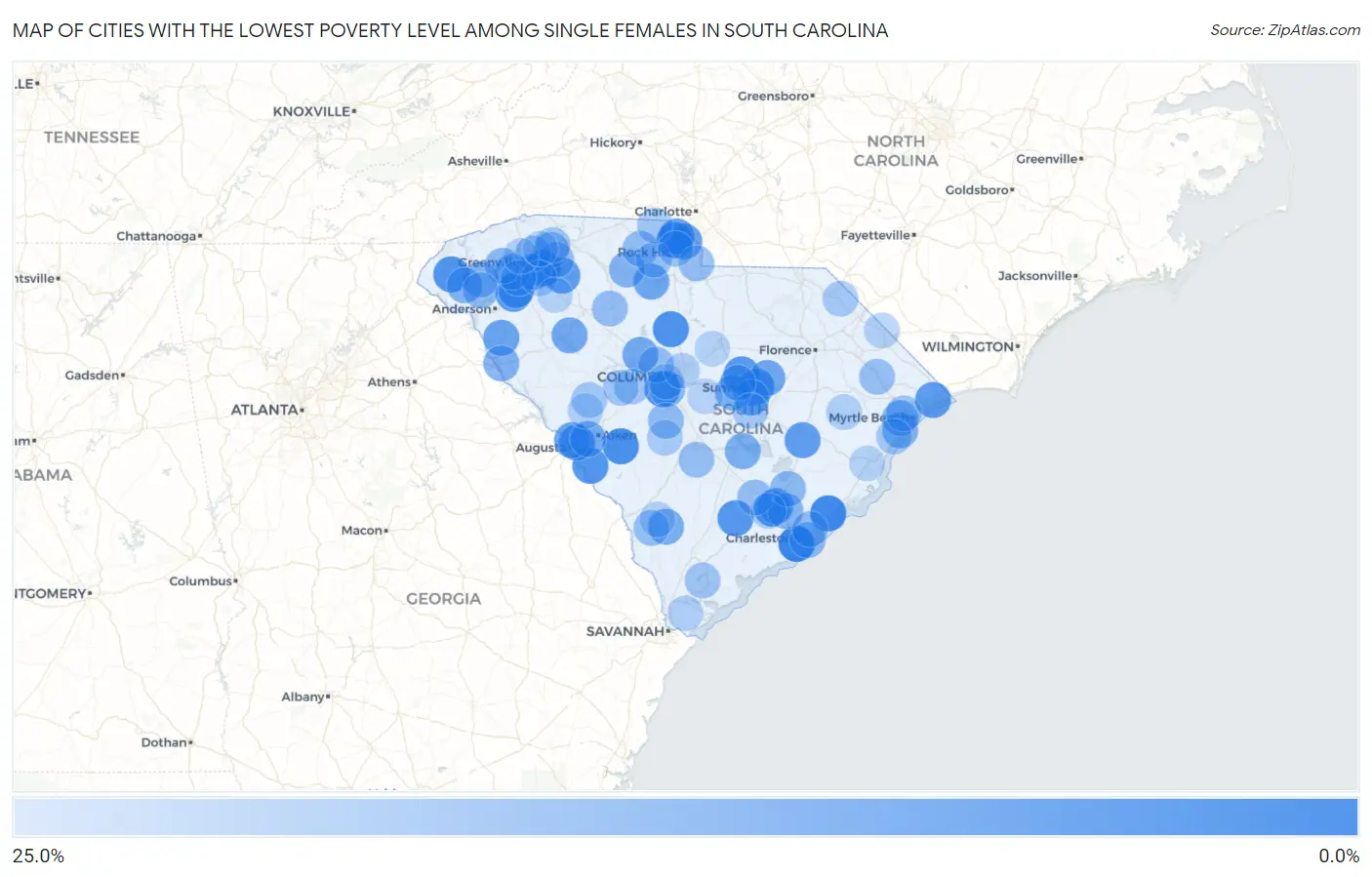 Cities with the Lowest Poverty Level Among Single Females in South Carolina Map