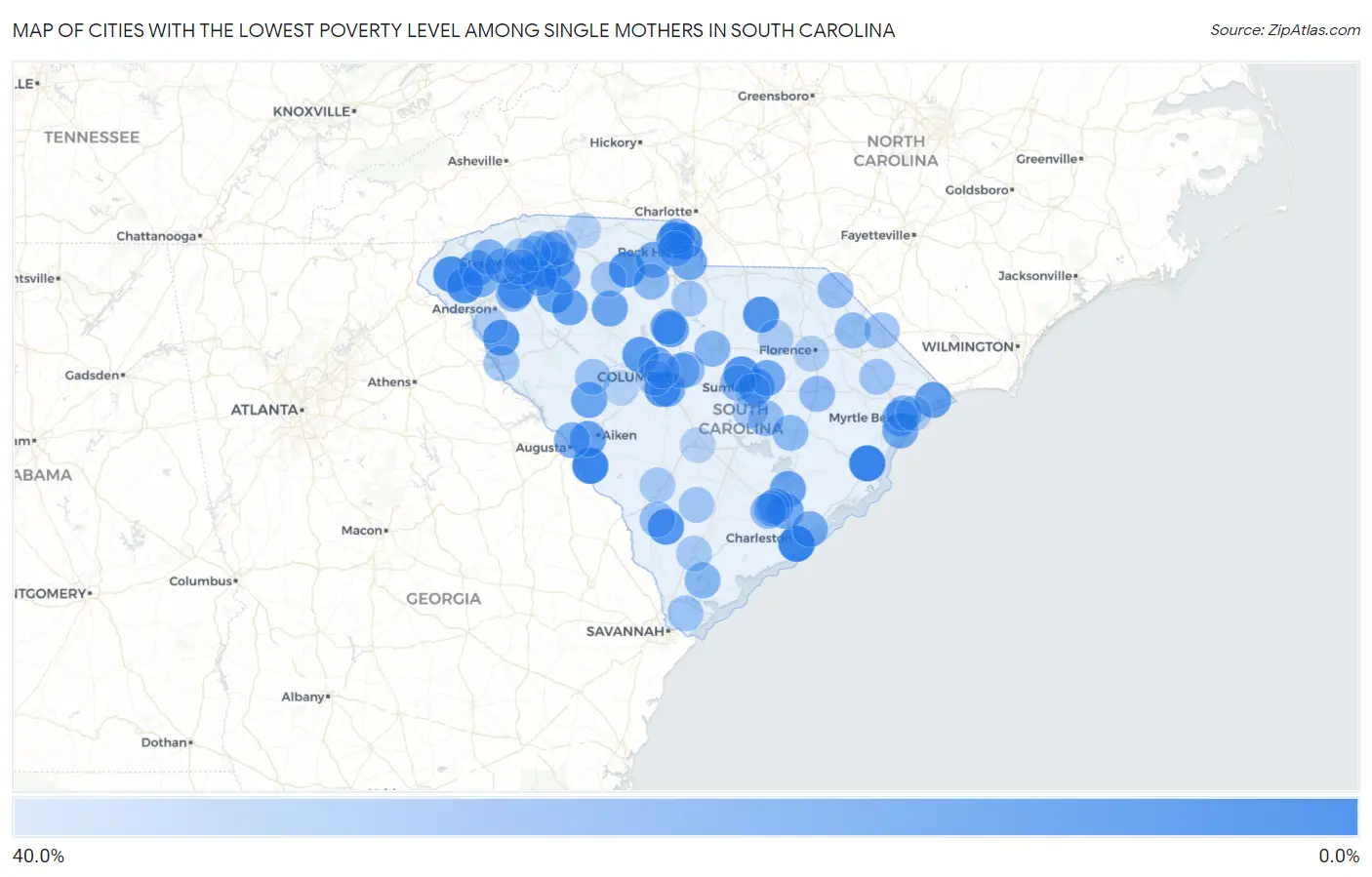 Cities with the Lowest Poverty Level Among Single Mothers in South Carolina Map