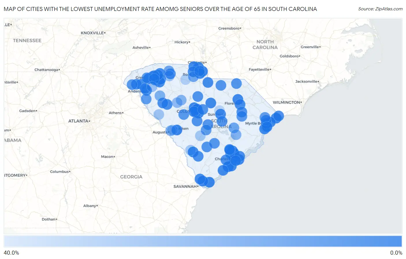 Cities with the Lowest Unemployment Rate Amomg Seniors Over the Age of 65 in South Carolina Map