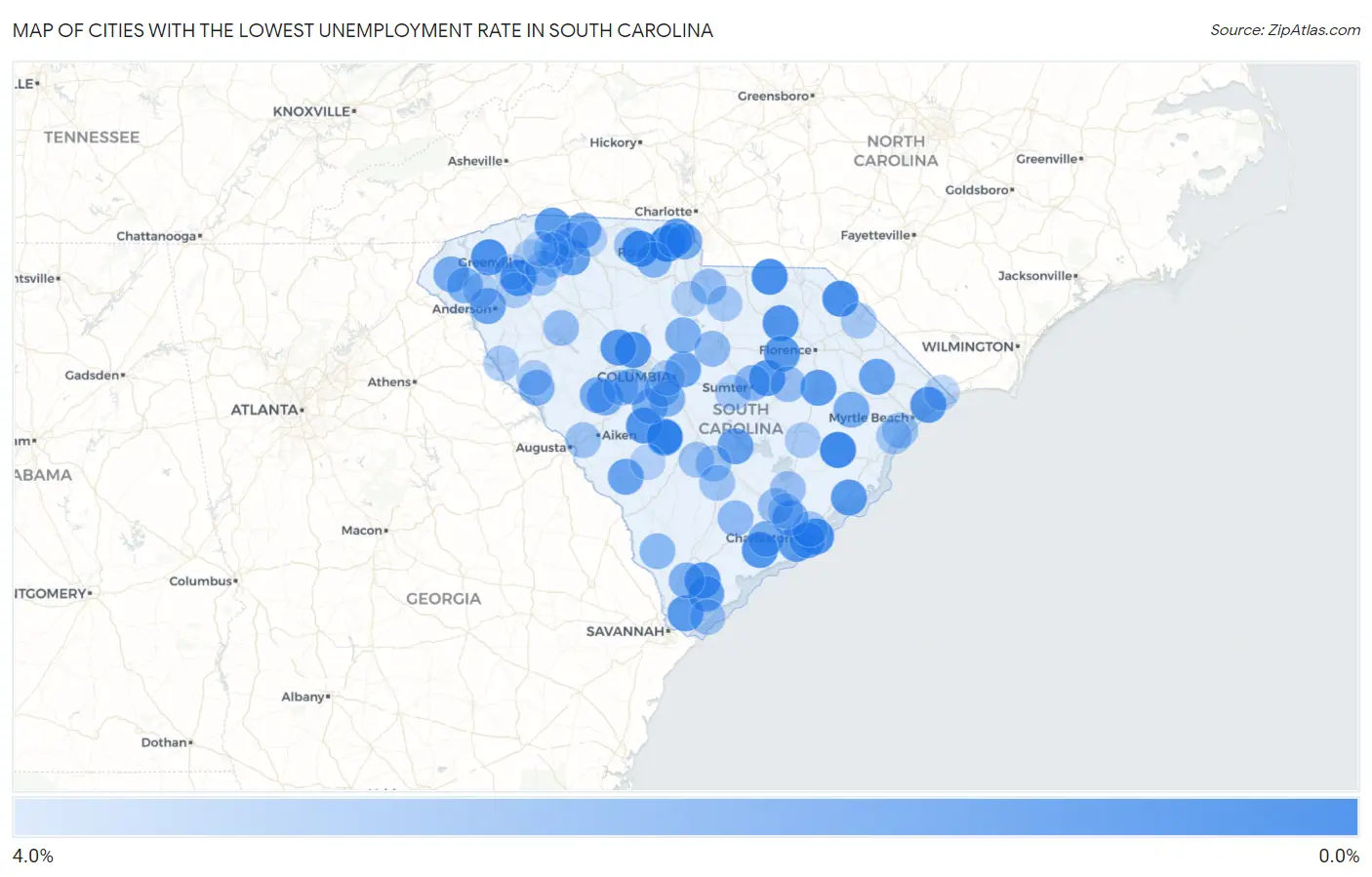 Cities with the Lowest Unemployment Rate in South Carolina Map