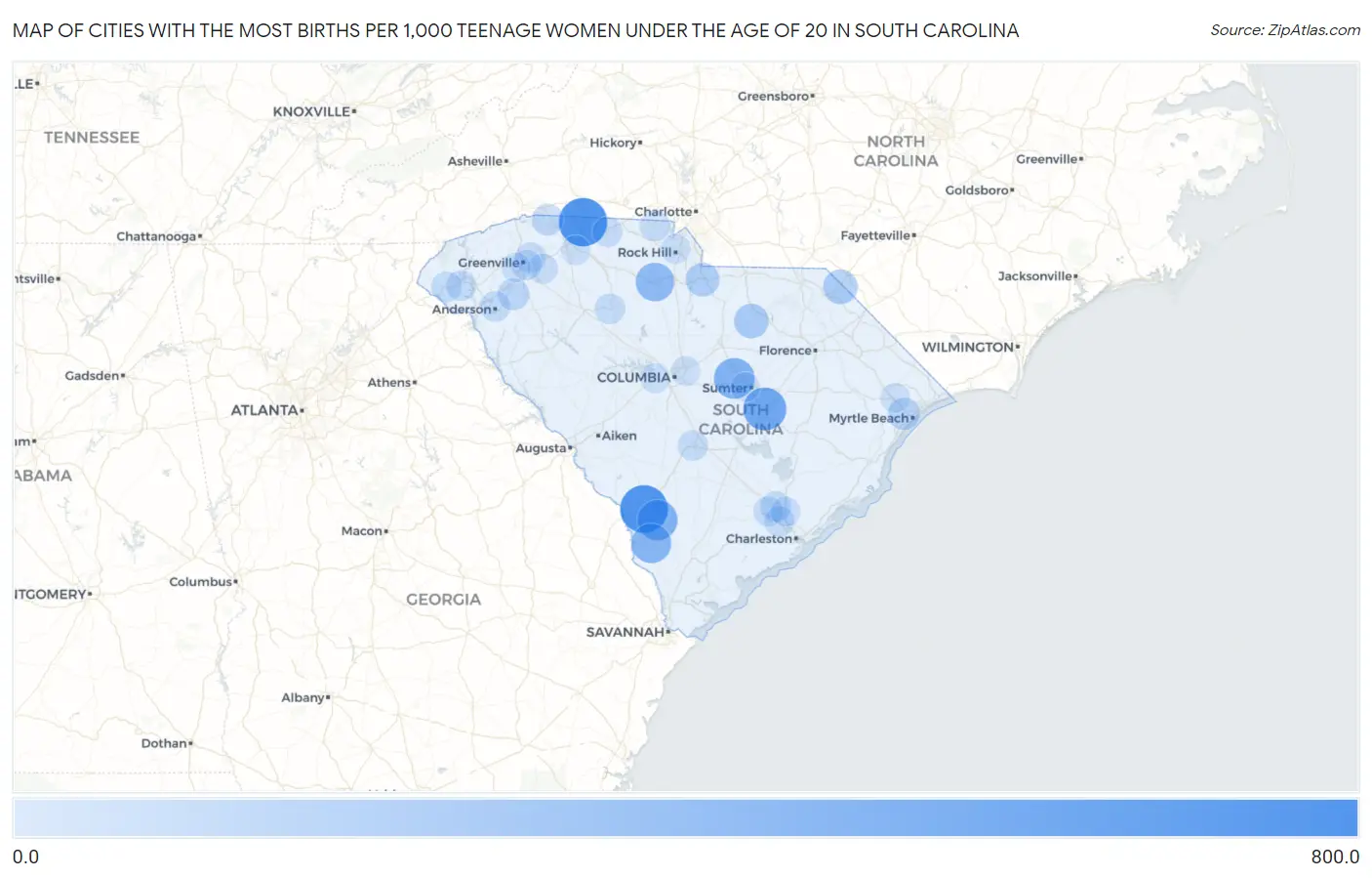 Cities with the Most Births per 1,000 Teenage Women Under the Age of 20 in South Carolina Map