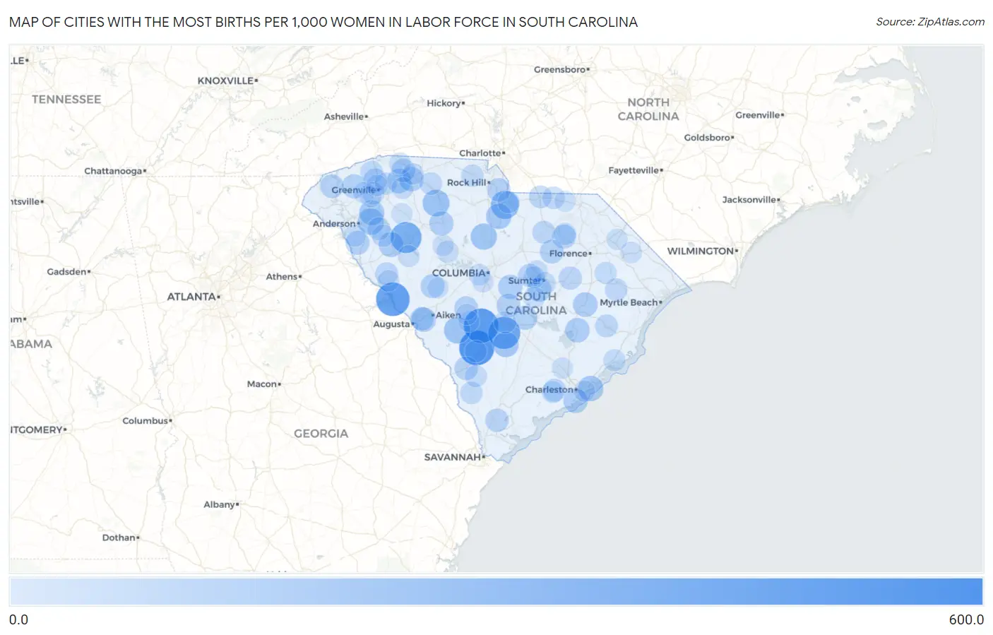 Cities with the Most Births per 1,000 Women in Labor Force in South Carolina Map
