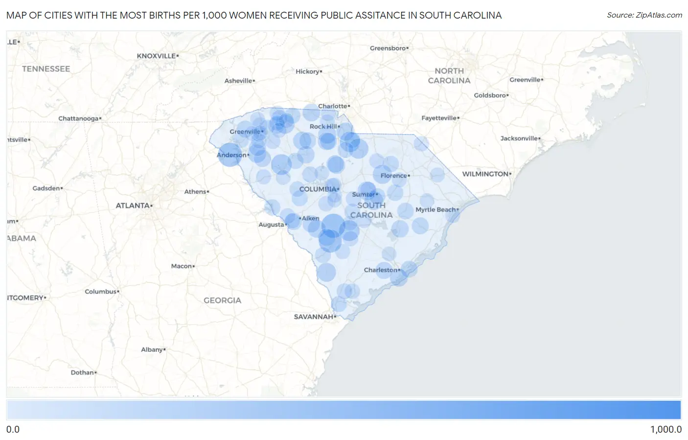 Cities with the Most Births per 1,000 Women Receiving Public Assitance in South Carolina Map