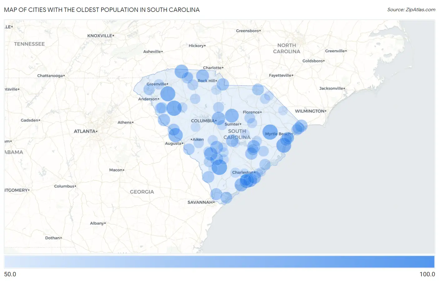 Cities with the Oldest Population in South Carolina Map