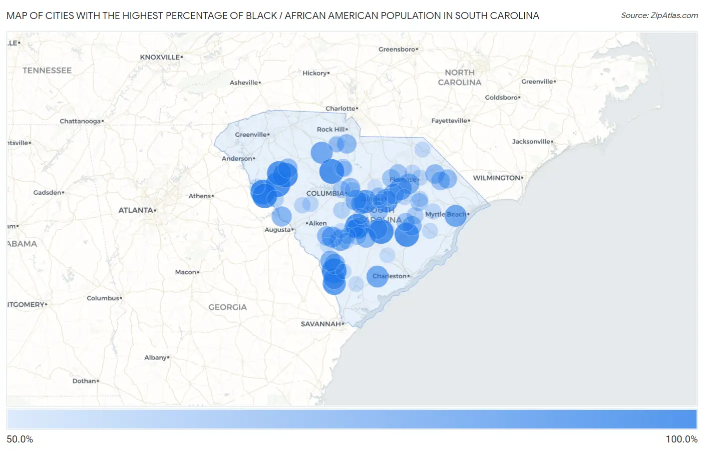 Cities with the Highest Percentage of Black / African American Population in South Carolina Map