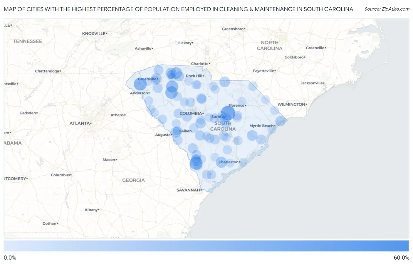 Cities with the Highest Percentage of Population Employed in Cleaning & Maintenance in South Carolina Map
