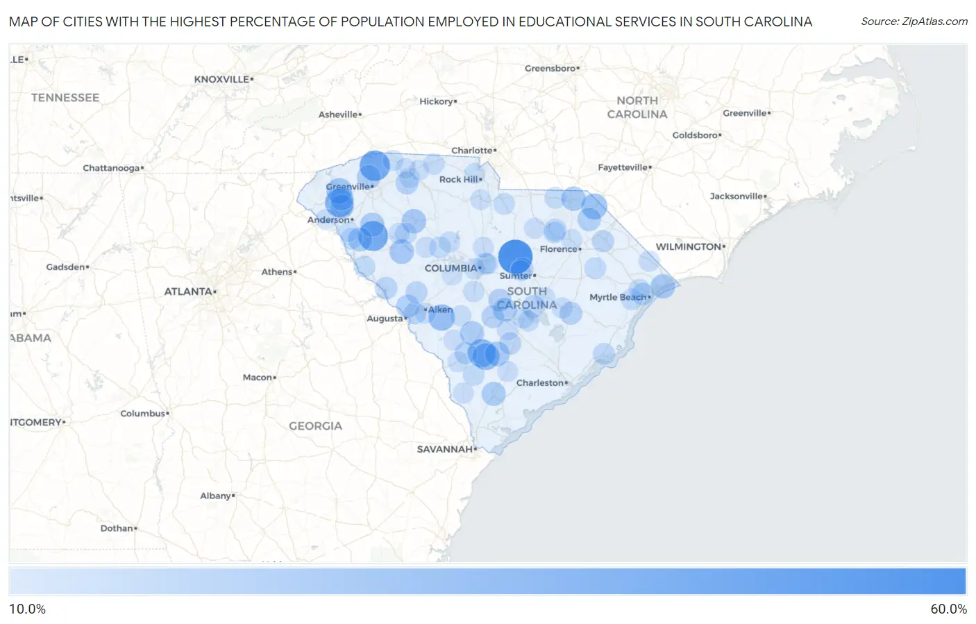 Cities with the Highest Percentage of Population Employed in Educational Services in South Carolina Map