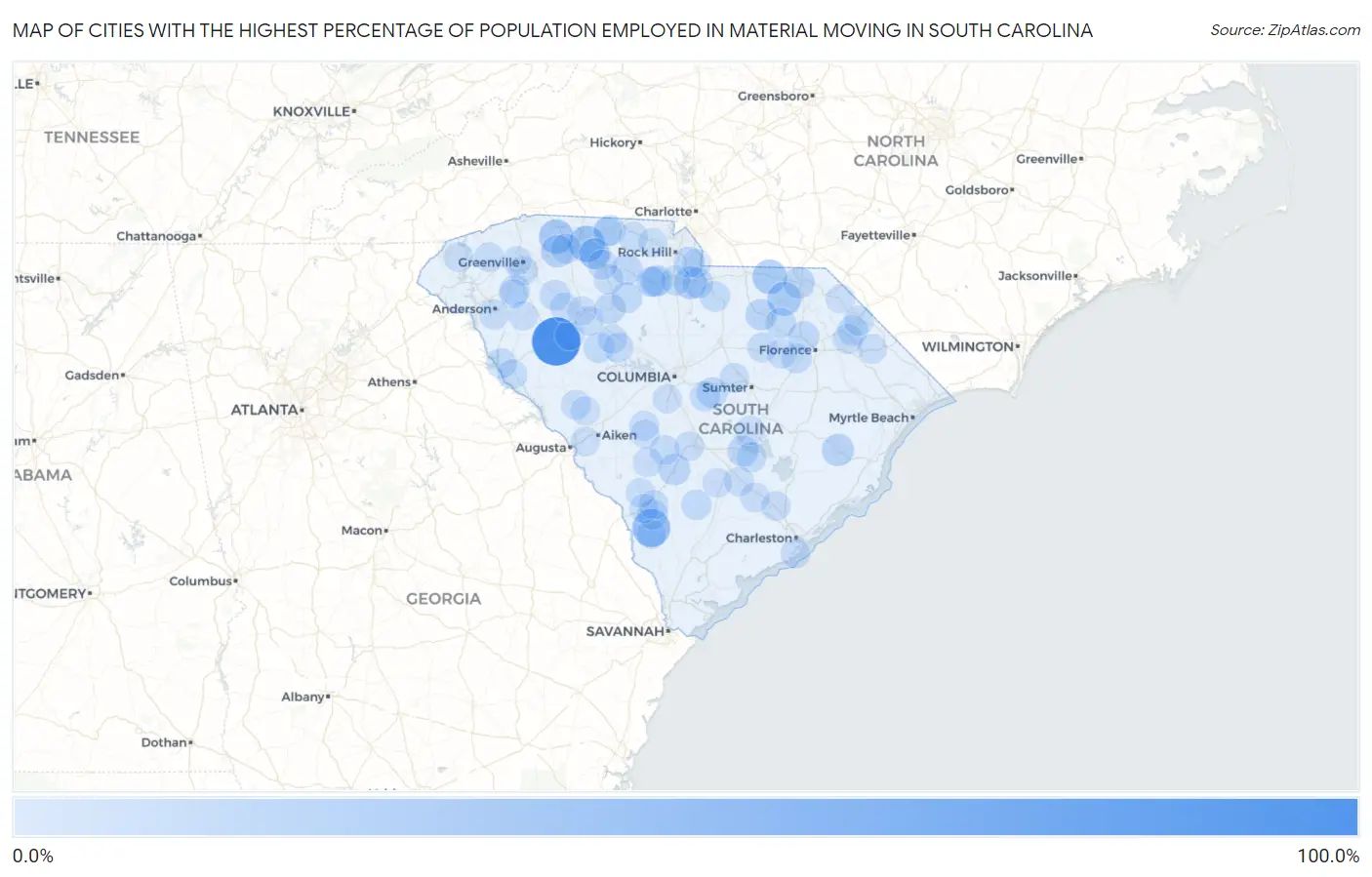 Cities with the Highest Percentage of Population Employed in Material Moving in South Carolina Map
