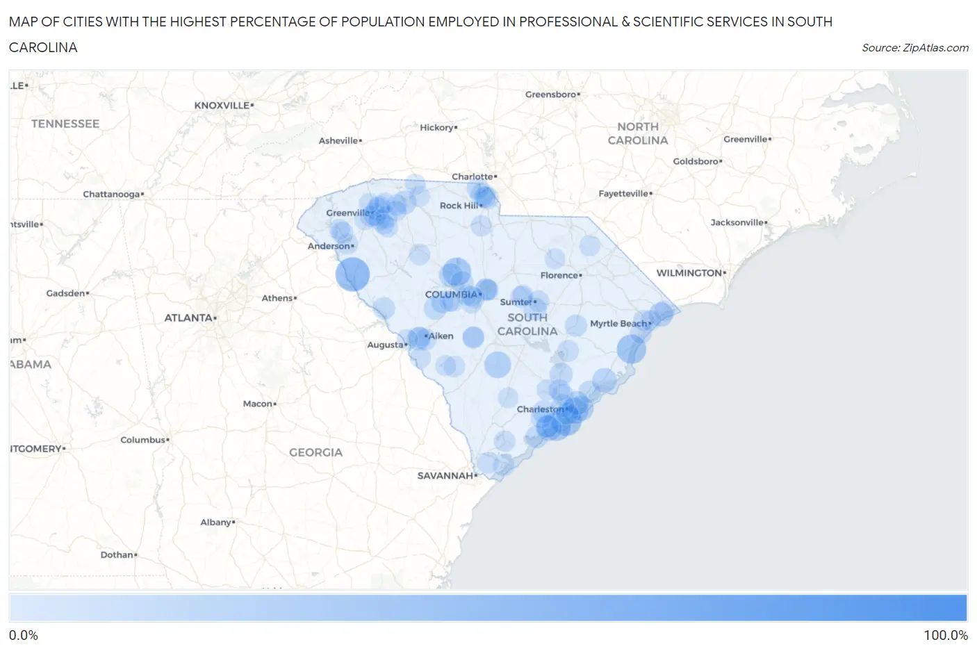 Cities with the Highest Percentage of Population Employed in Professional & Scientific Services in South Carolina Map