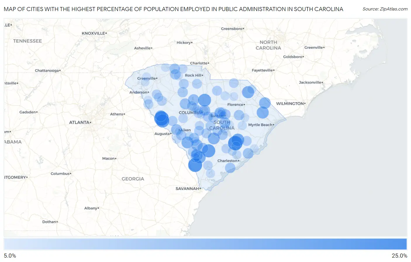Cities with the Highest Percentage of Population Employed in Public Administration in South Carolina Map