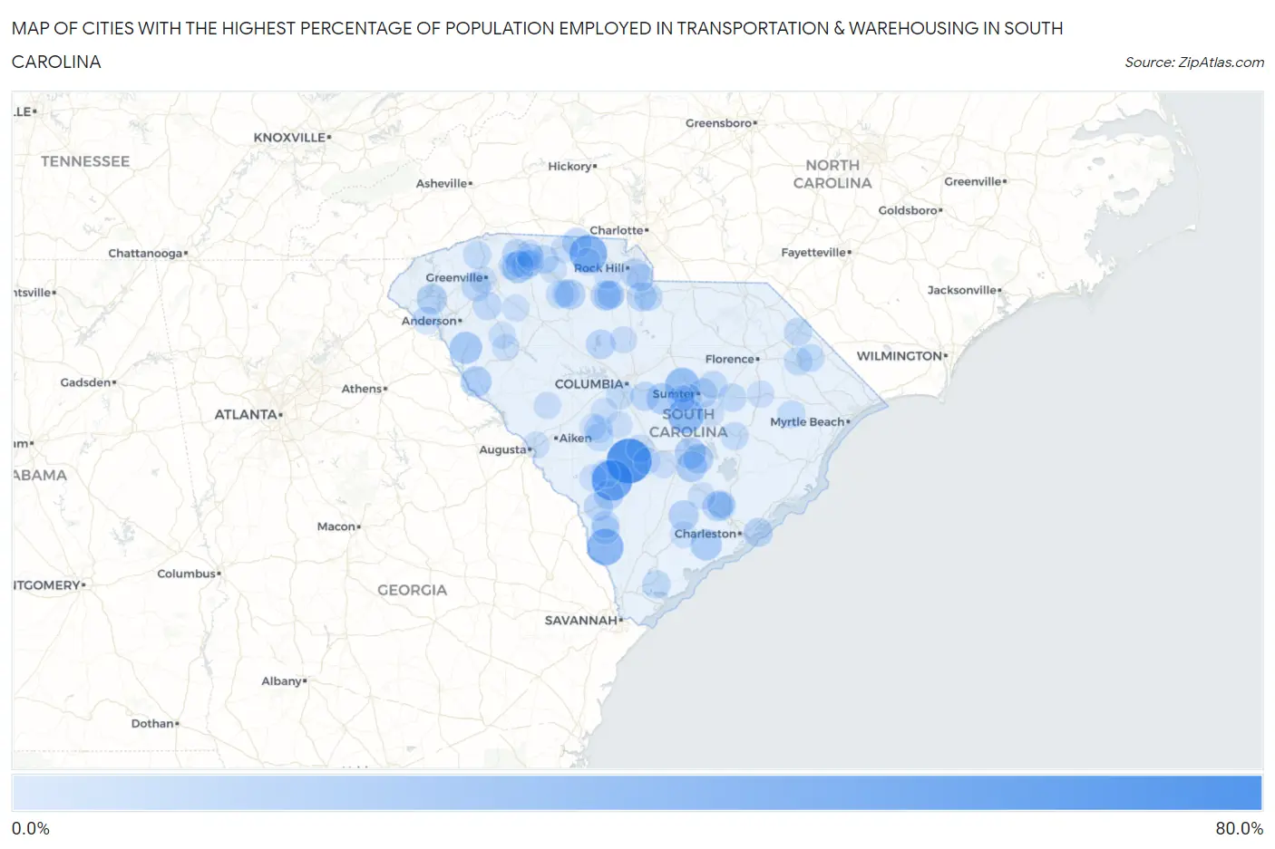 Cities with the Highest Percentage of Population Employed in Transportation & Warehousing in South Carolina Map