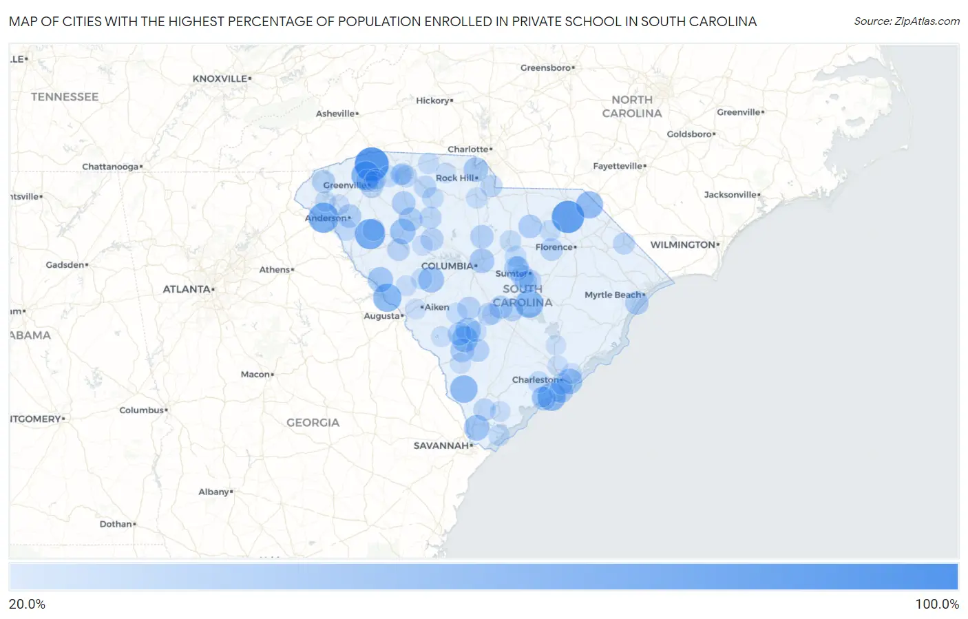 Cities with the Highest Percentage of Population Enrolled in Private School in South Carolina Map
