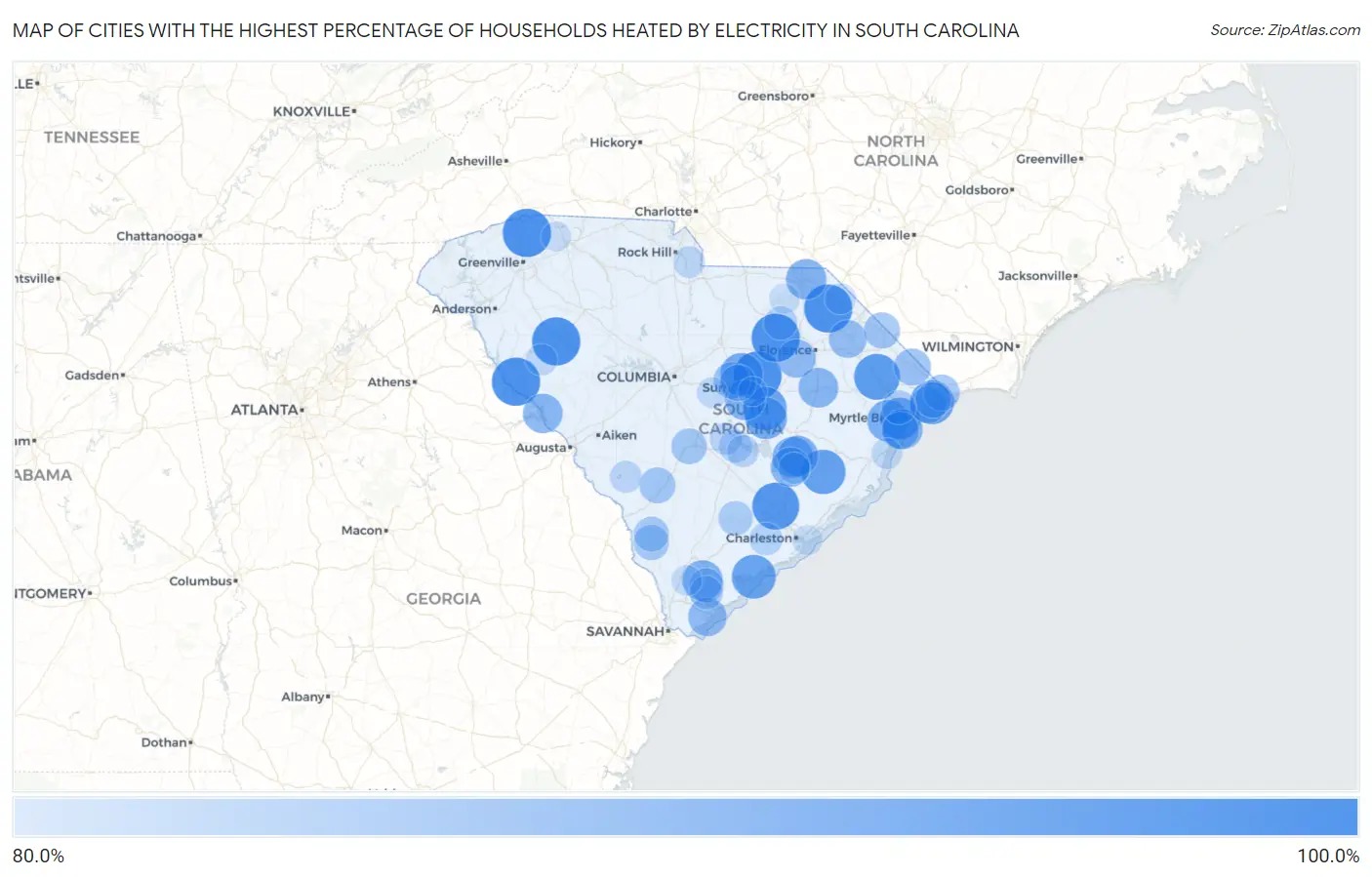 Cities with the Highest Percentage of Households Heated by Electricity in South Carolina Map