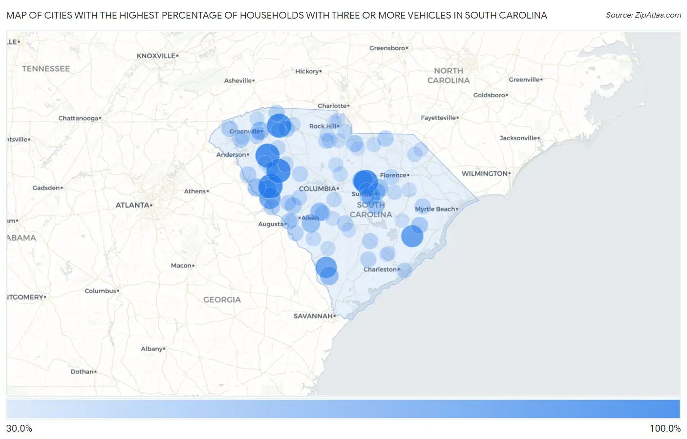 Cities with the Highest Percentage of Households With Three or more Vehicles in South Carolina Map
