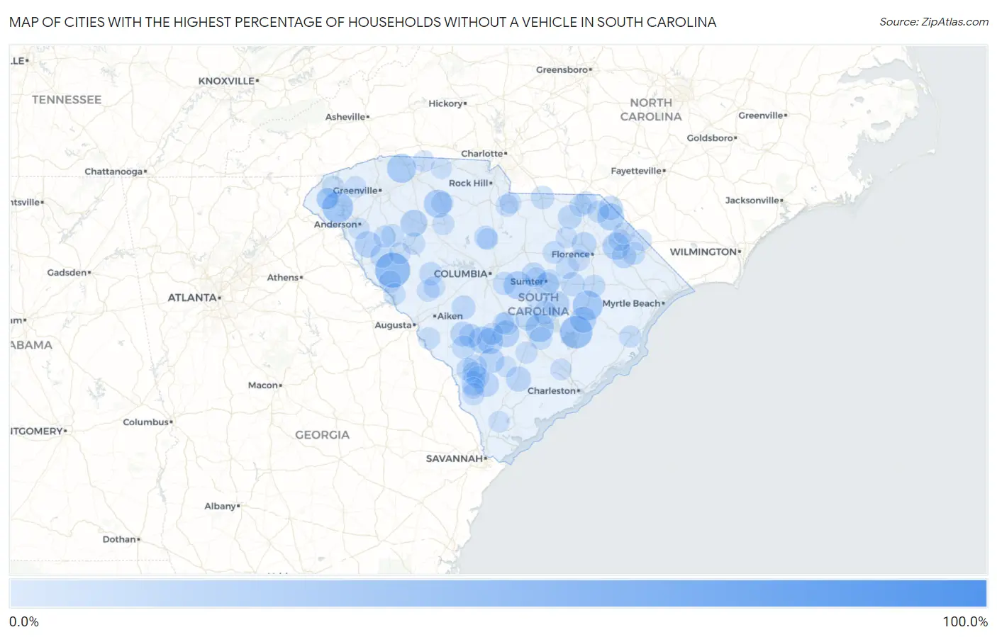 Cities with the Highest Percentage of Households Without a Vehicle in South Carolina Map