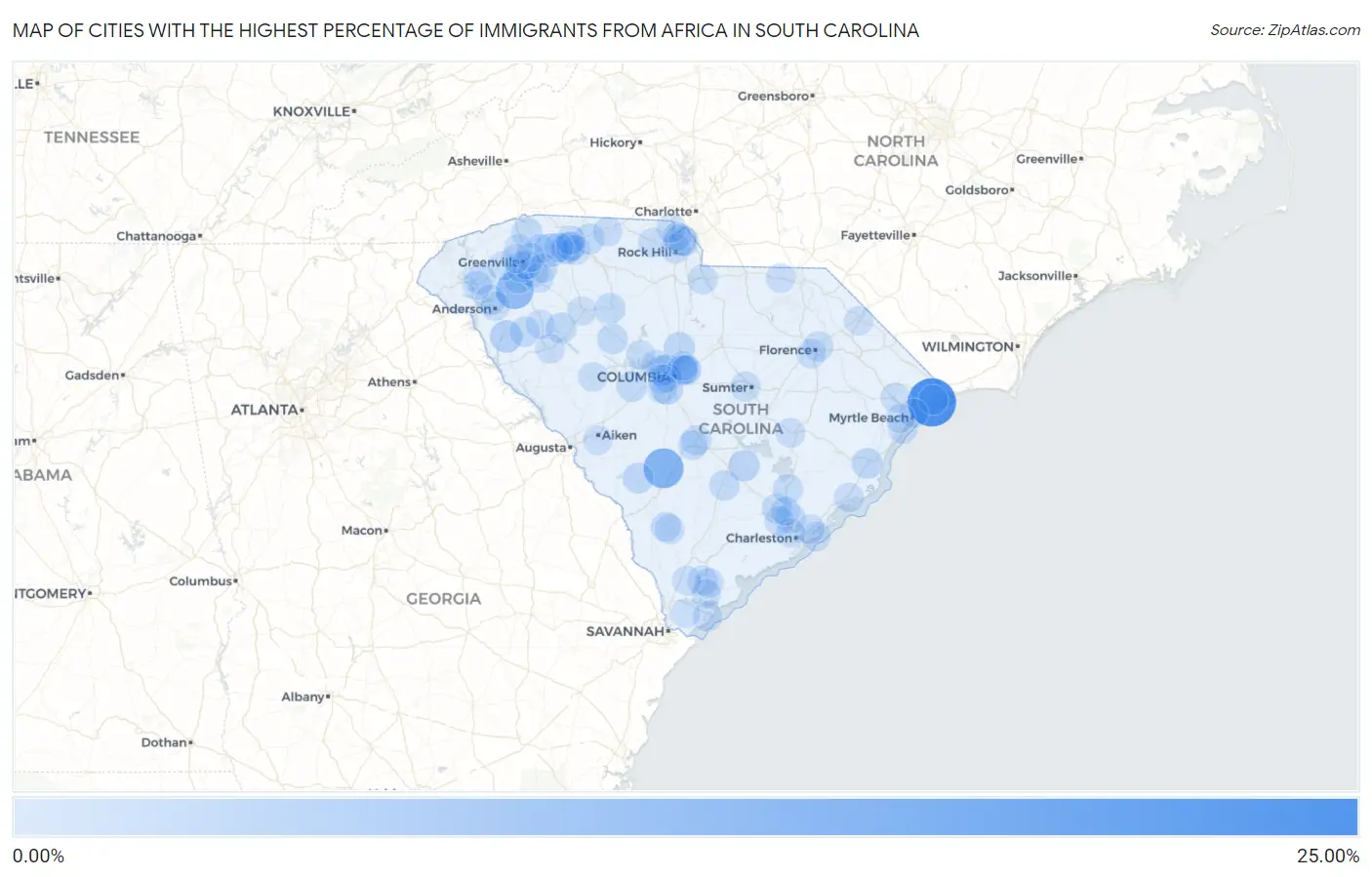 Cities with the Highest Percentage of Immigrants from Africa in South Carolina Map