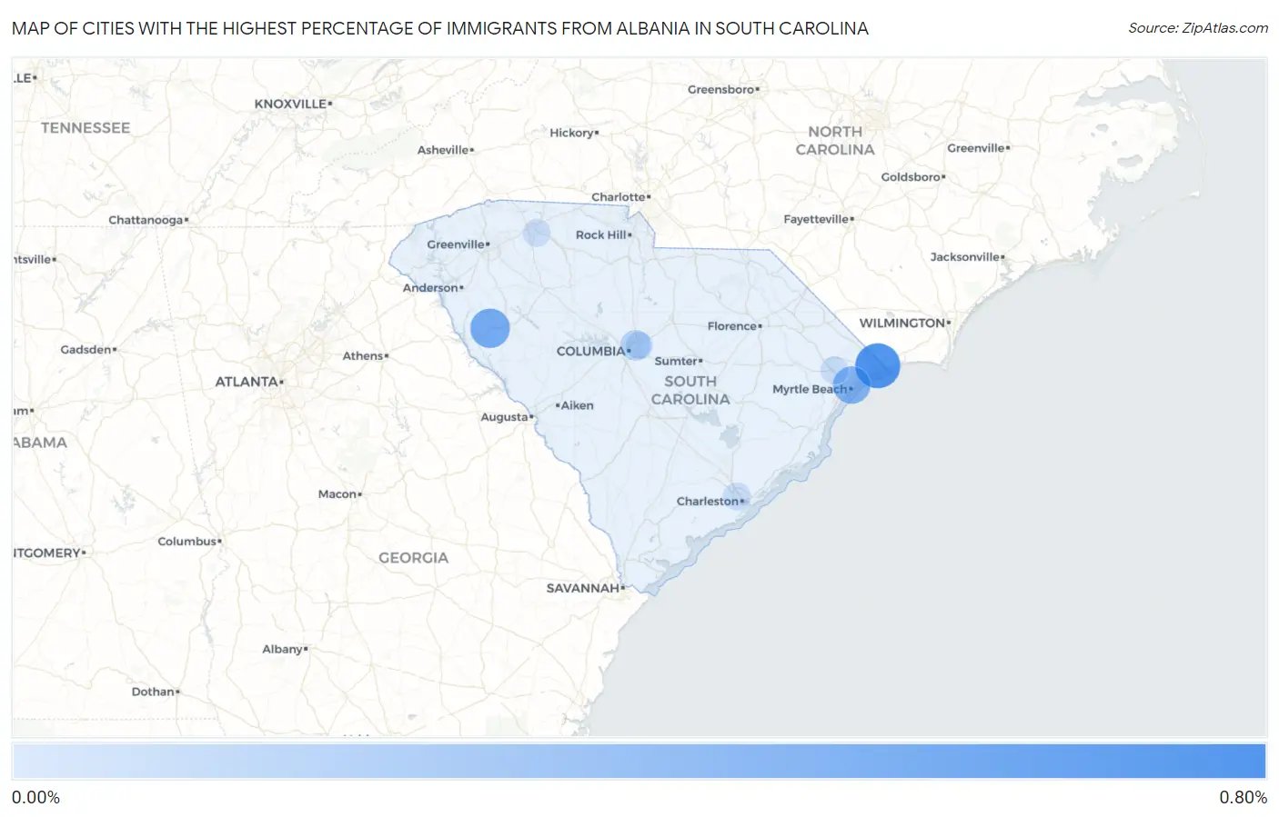 Cities with the Highest Percentage of Immigrants from Albania in South Carolina Map