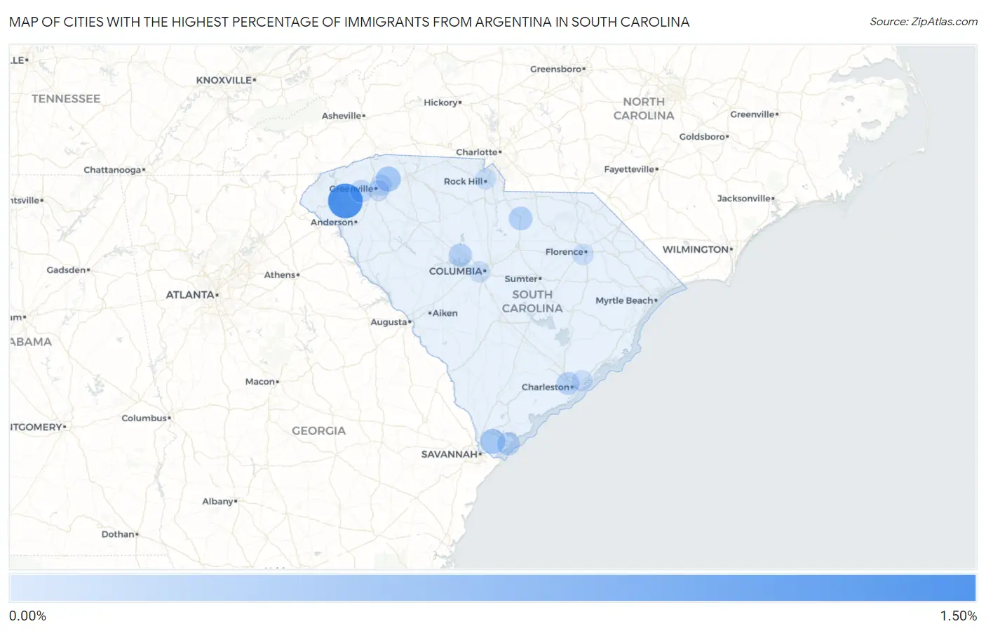 Cities with the Highest Percentage of Immigrants from Argentina in South Carolina Map