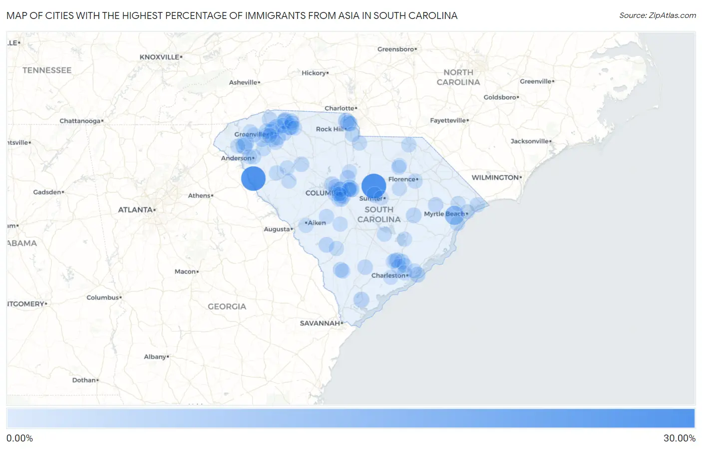 Cities with the Highest Percentage of Immigrants from Asia in South Carolina Map