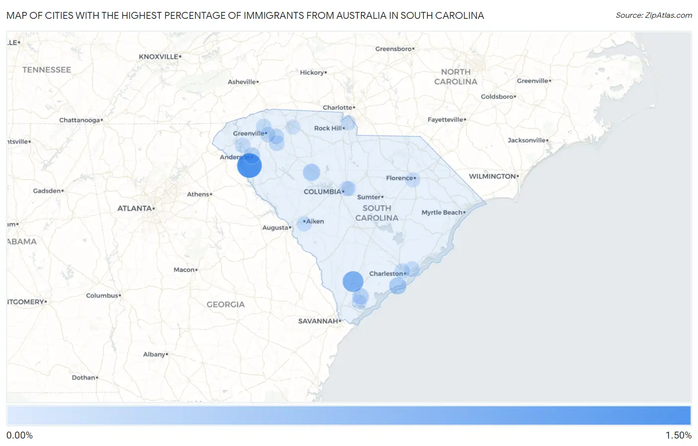 Cities with the Highest Percentage of Immigrants from Australia in South Carolina Map