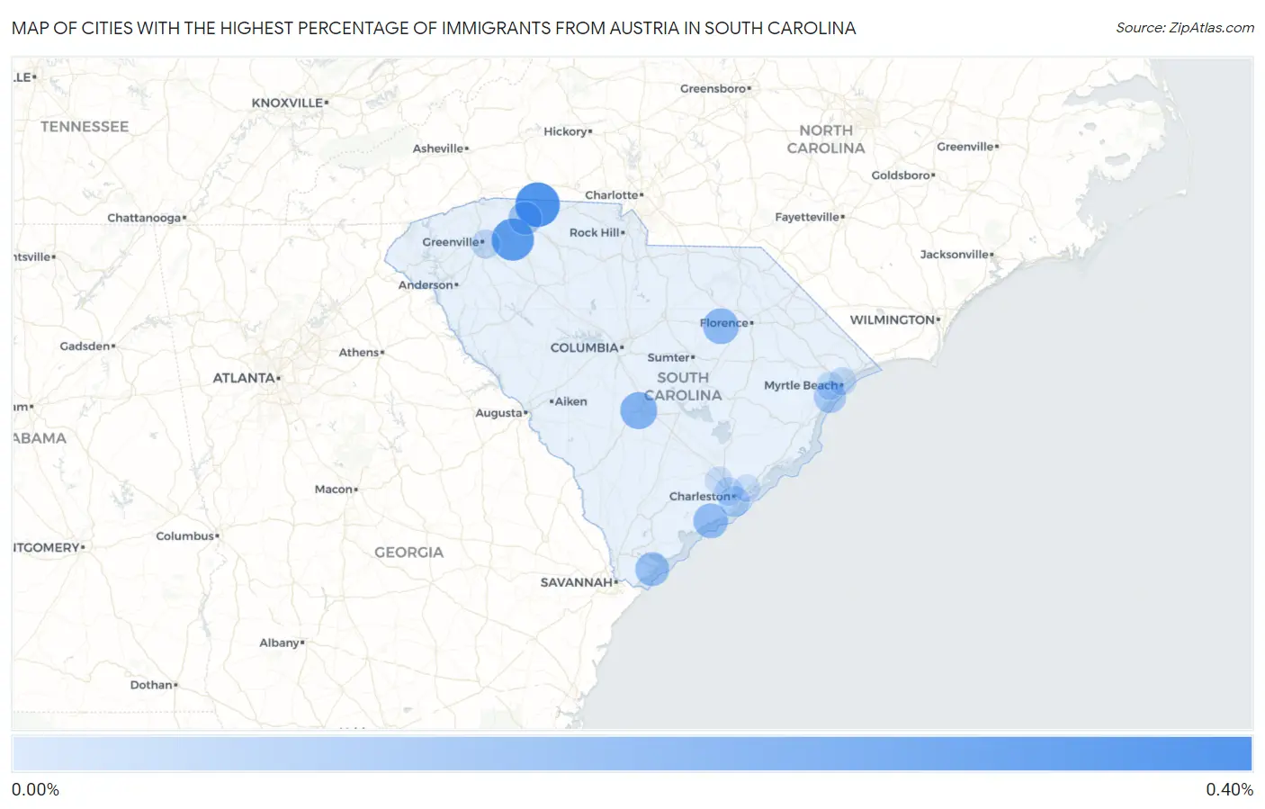 Cities with the Highest Percentage of Immigrants from Austria in South Carolina Map
