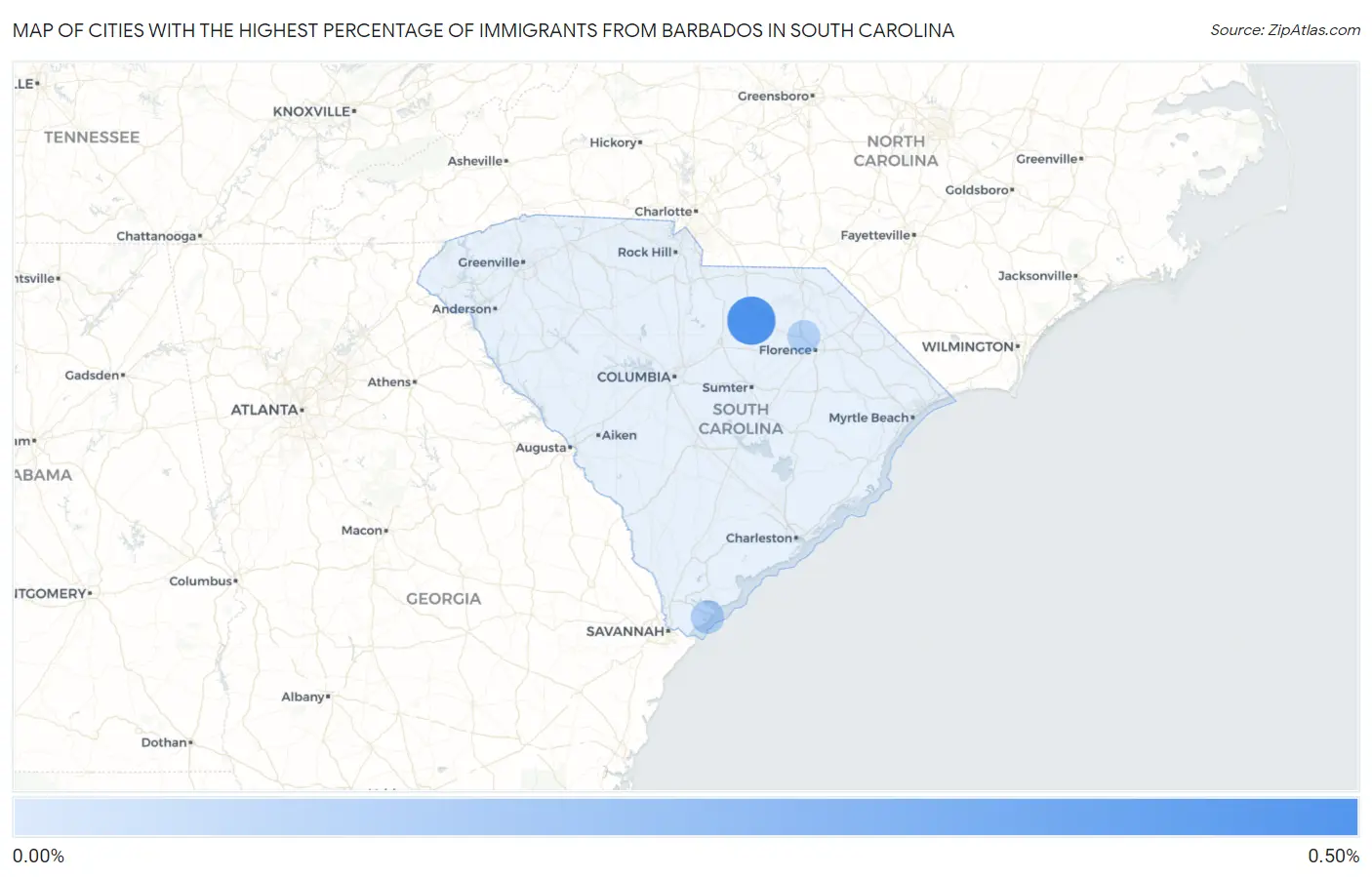 Cities with the Highest Percentage of Immigrants from Barbados in South Carolina Map