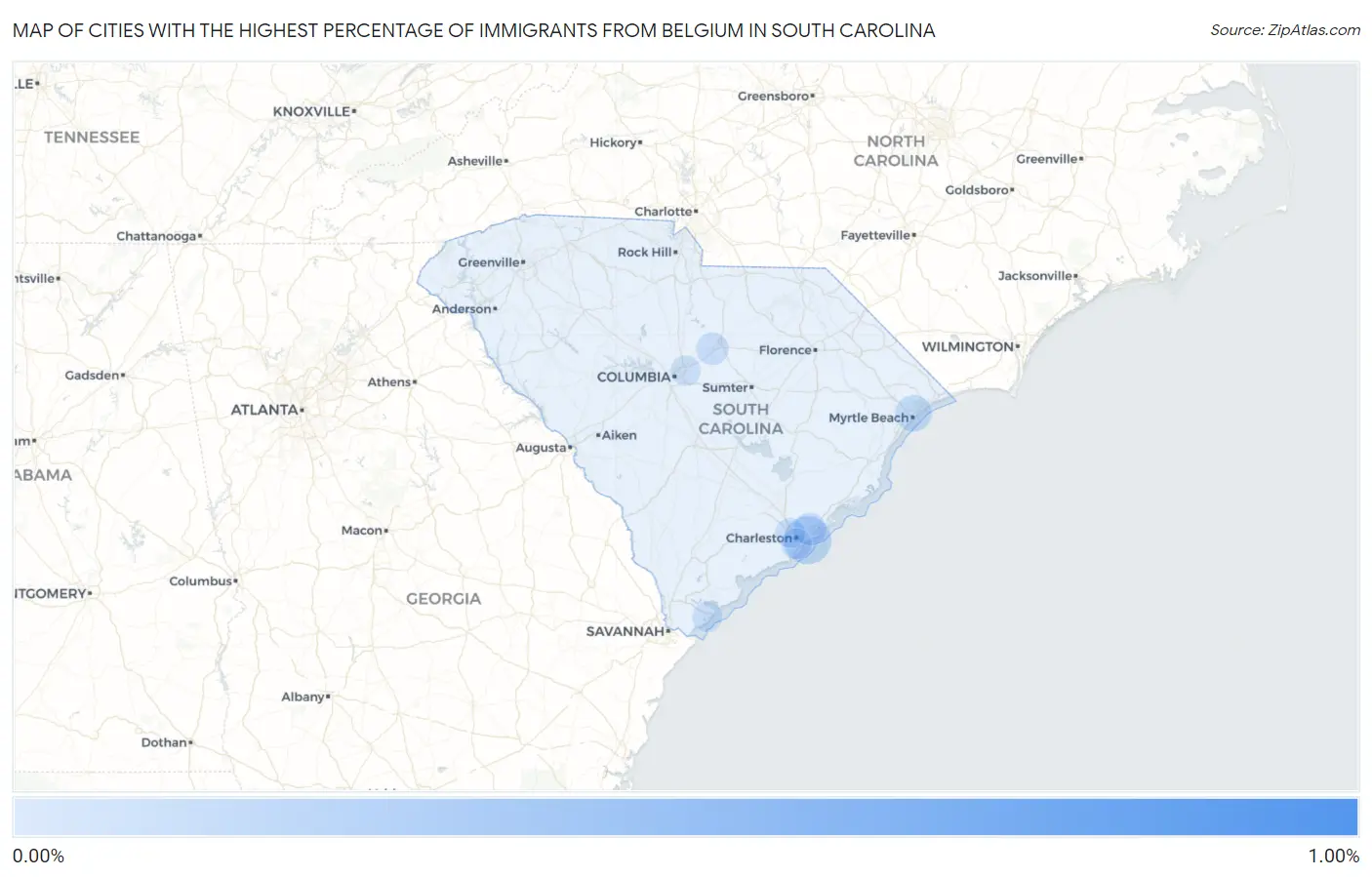 Cities with the Highest Percentage of Immigrants from Belgium in South Carolina Map