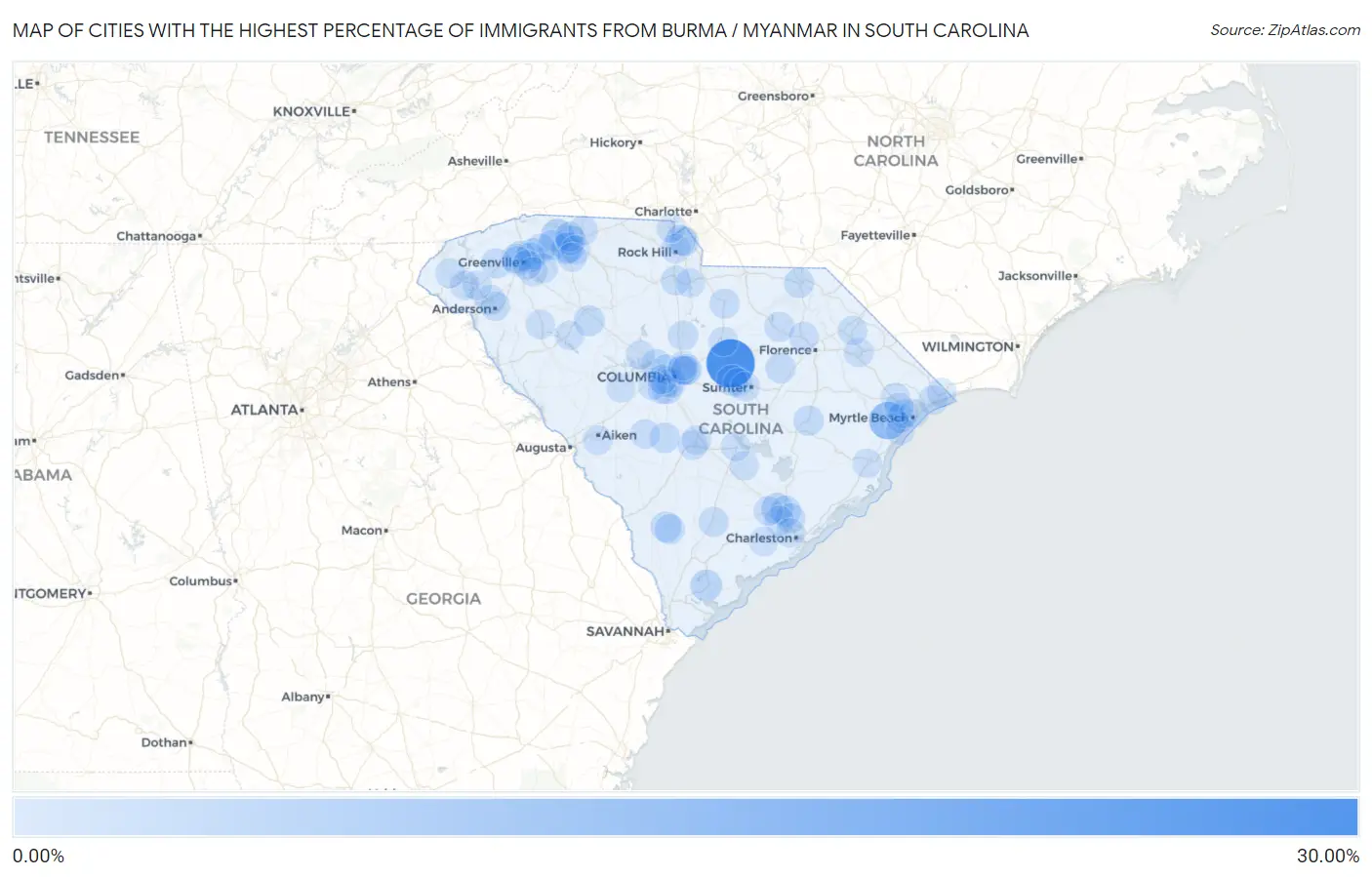 Cities with the Highest Percentage of Immigrants from Burma / Myanmar in South Carolina Map