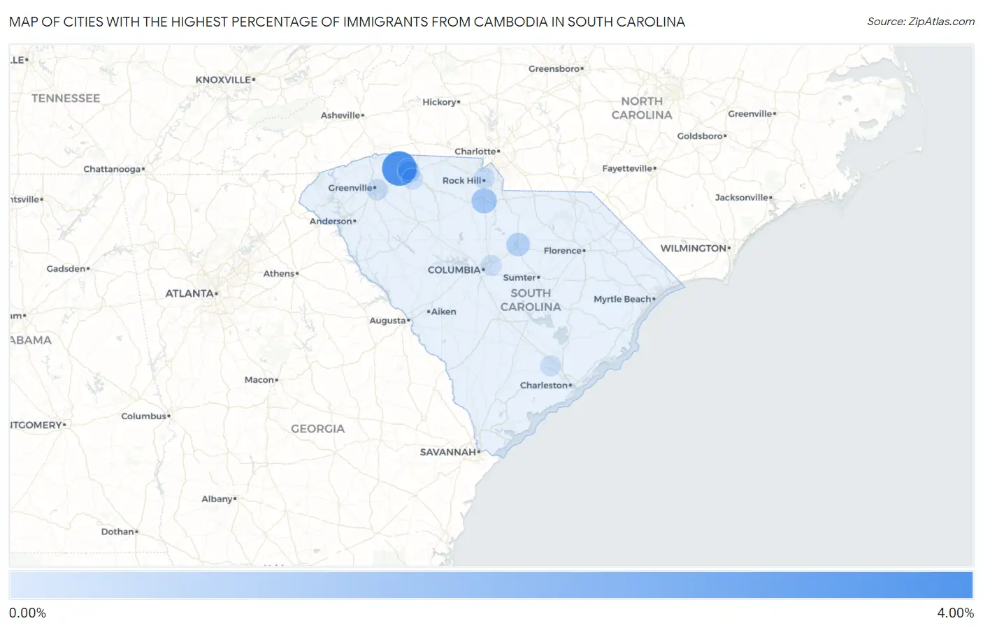 Cities with the Highest Percentage of Immigrants from Cambodia in South Carolina Map