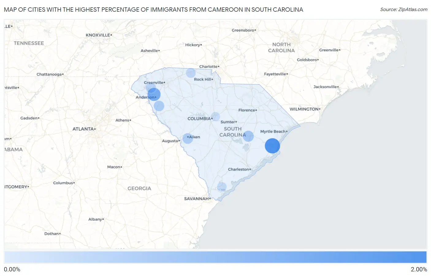 Cities with the Highest Percentage of Immigrants from Cameroon in South Carolina Map